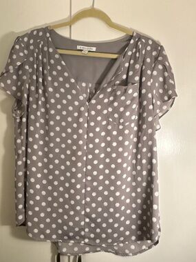 41 Hawthorn Gray Polka Dot Flutter Sleeve Blouse